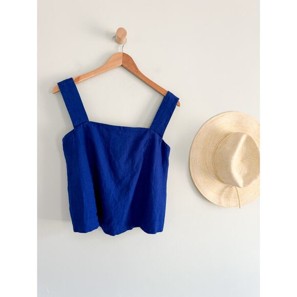 Madewell | NWT Curved-Neck Shell Tank in 100% Linen Bright Sapphire Blue | Sz 0 - Picture 2 of 10